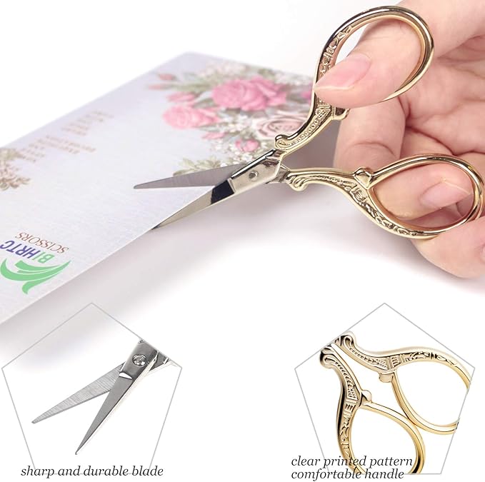 BIHRTC 3.6 Inch Embroidery Scissors Small Sewing Stainless Steel Tip Classic Scissors DIY Tools Dressmaker Shears Scissor for Craft Needlework Artwork Everyday Use Gold