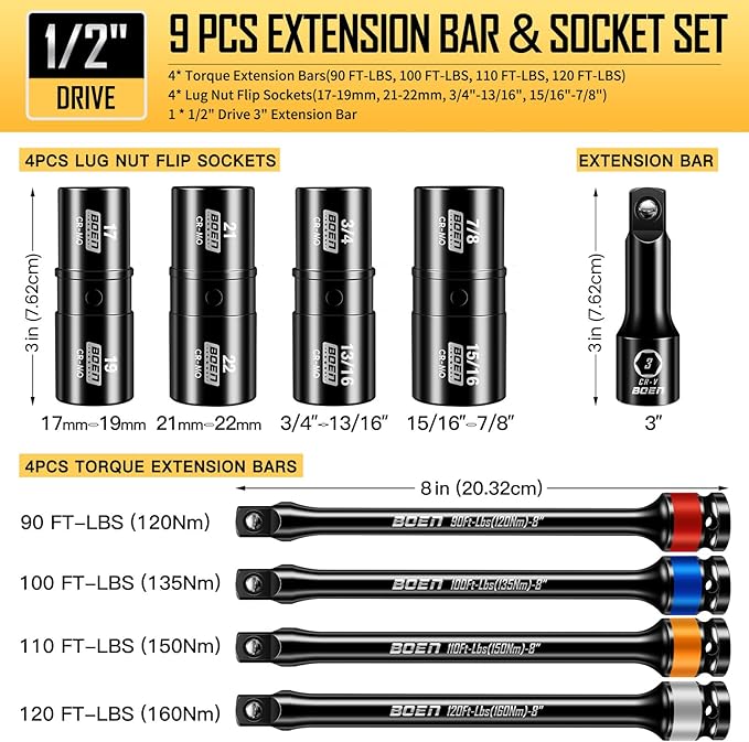 boen 9PCS 1/2" Drive Impact Flip Lug Nut Socket And Torque Limiting Extension Bar Set, 8" Long Impact Torque Sticks, Metric & SAE Double-Sided Sockets, 3" Extension Bar & Storage Case