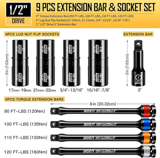 boen 9PCS 1/2" Drive Impact Flip Lug Nut Socket And Torque Limiting Extension Bar Set, 8" Long Impact Torque Sticks, Metric & SAE Double-Sided Sockets, 3" Extension Bar & Storage Case