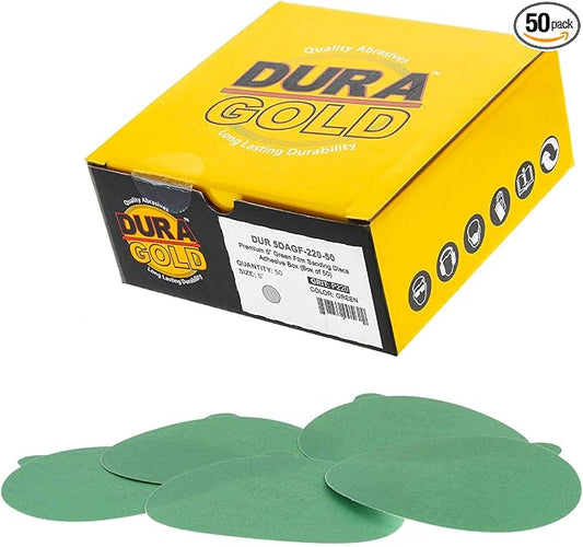 Dura-Gold Premium 5" Green Film PSA Sanding Discs - 220 Grit (Box of 50) - Film Back Self Adhesive Stickyback Sandpaper Discs for DA Sanders, Fast Cut Abrasive - Sand Automotive Paint Woodworking Wood