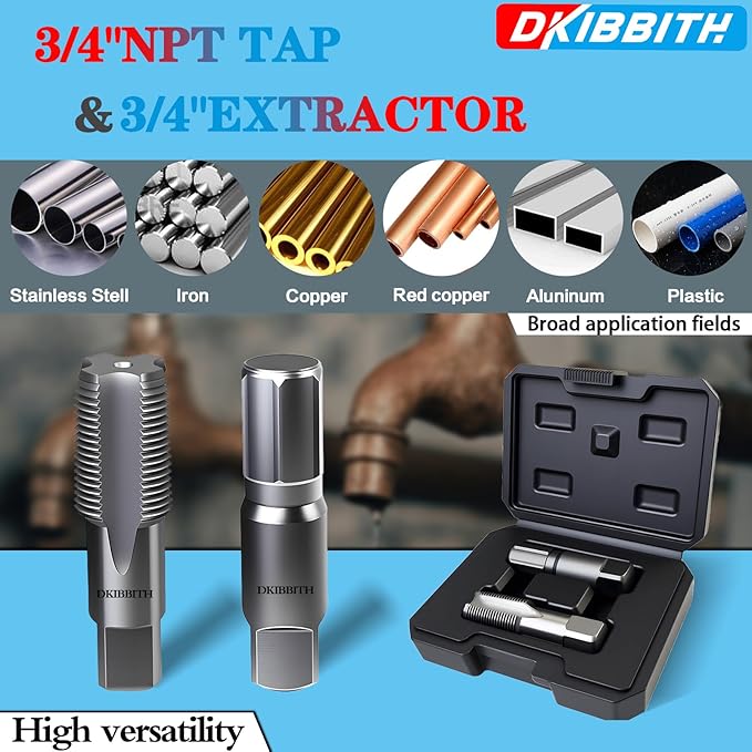 DKIBBITH 2-Piece Pipe Extractor and NPT Tap Set 3/4" - Heavy Duty Carbon Steel Tools for Removing Broken Threaded Pipes & Cutting Accurate NPT Threads - Plumbers Mechanics DIY with Storage Case.