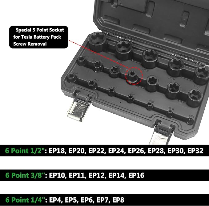 19pc External Torx Plus Socket Set 6 Point EP4, EP5, EP6, EP7, EP8, EP10, EP11, EP12, EP14, EP16, EP18, EP20, EP22, EP24, EP26, EP28, EP30, EP32 with 1/2'' 3/8'' 1/4'' Dr E-Torx Plus Socket