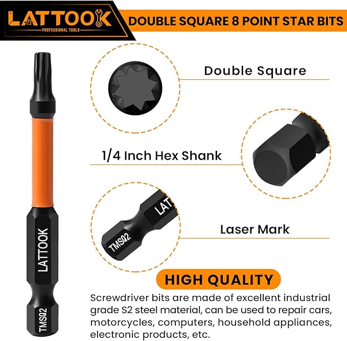Double Square 8 Point Star Bit Set with Quick Change Bit Driver, LATTOOK 17PCS 8 Point Star Bits 2 Square Drive Bits, Magnetic S2 Steel, 2.3'' & 1'' Long, #1, #2, #3