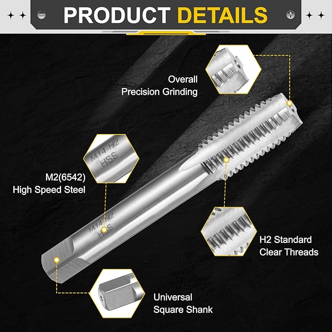 uxcell Hand Plug Tap M14 x 2 H2 Metric Thread Plug Style Taps Straight Flute Screw Tapping Threading Tool High Speed Steel HSS6542