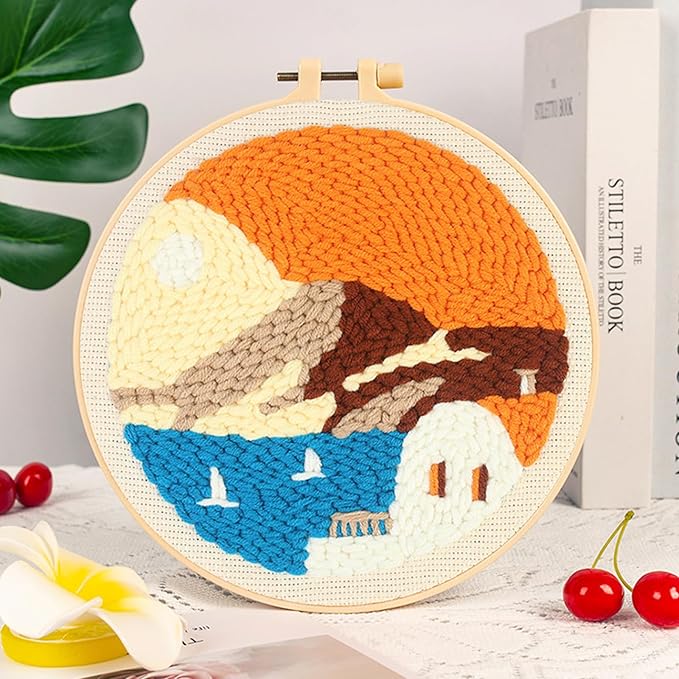 Woohome Punch Needle Kit Included Plastic Hoops, Punch Needle Cloth, Color Yarn and Punch Needle Tools for Adults, Beginners (Beach, Hut, Sunset)