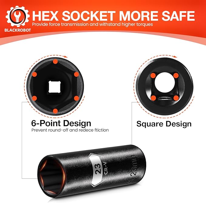 1/2 Inch Drive 6-Point Deep Socket, 23mm Deep Impact Socket, CR-V Steel