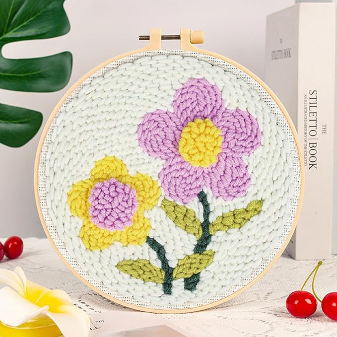 Woohome Punch Needle Kit Included Plastic Hoops, Punch Needle Cloth, Color Yarn and Punch Needle Tools for Adults, Beginners (White, Pink and Purple Flowers)