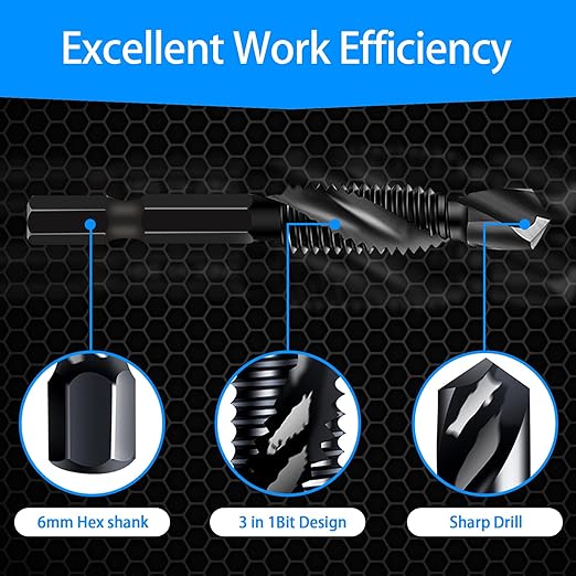 DKIBBITH 6 Packs M10 Combination Drill & Taps Bit Set, Screw Tapping Threading Tools in Size M10*1.5 with Anti-Rust Black Coating, 1/4" Hex Shank and Storage Case