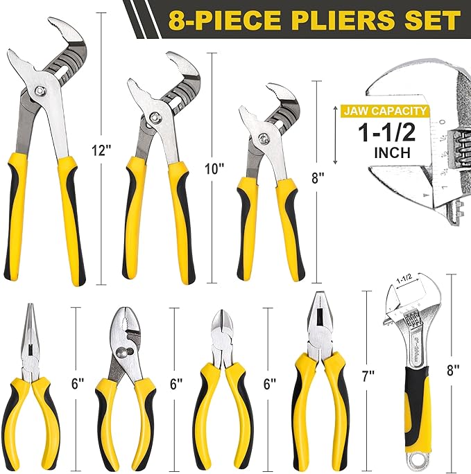 TOPLINE 8-Piece Pliers and Wrench Set, 8??Adjustable Wrench, 12?? 10?? 8??Groove Joint, 7??Linesman, 6??Slip Joint, 6??Long Nose, 6??Diagonal Pliers for Home Repair, Rolling Pouch Included