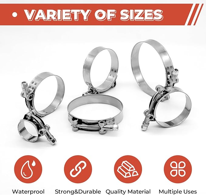 2 Pack 1.5 inch T-Bolt Hose Clamps, Stainless Steel_304 Working Range 44mm-50mm for 1.5" Hose ID, Turbo Intake Intercooler Clamp for Automotive