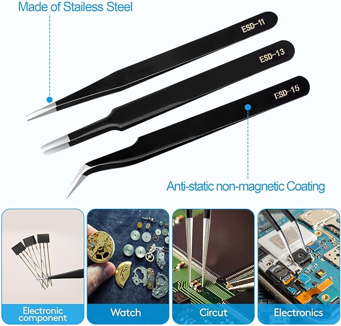 YHYZ 3PCS Precision Tweezers Set, Premium Stainless Steel Anti-Static ESD Tweezes, Suitable for Tweezers, for Craft, Electronic, Soldering, Model, Hobby, Jewelry Making Laboratory