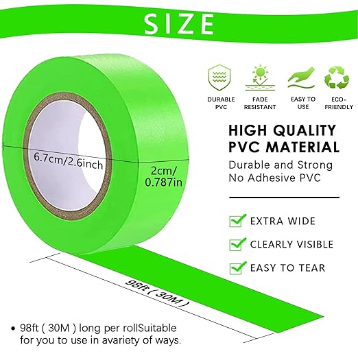 5 Pack Green Flagging Tape, Non-Adhesive Plastic Ribbon Neon Marking Roll, 0.78"*500ft, Marking Tape for Tree Marking, Hunting, Boundaries and Hazardous Areas,Trail Marking