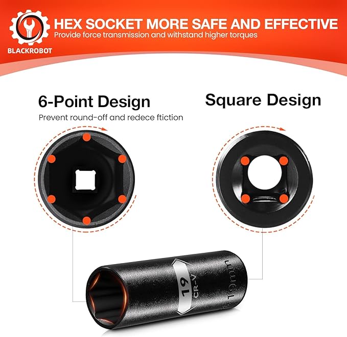 BLACKROBOT 1/2 Inch Drive 6-Point Deep Socket, 19mm Deep Impact Socket, CR-V Steel