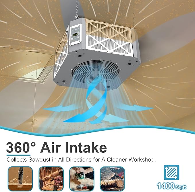 360째 Woodshop Air Filtration System Woodworking - 1050/1350 CFM, Built-in Ionizer, with Strong Vortex Fan, Shop Air Filtration for Garage, Works Shop, Dust Collectors System, Gray, KMF12D Pro