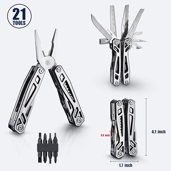 Christmas Gifts for Men Him Dad, BIBURY Multitool with Pocket Knife, 21-in-1 Stainless Steel Pliers with Screwdriver, Safety Locking Multi tools with EDC Knife for Survival, Camping, Fishing, Repair