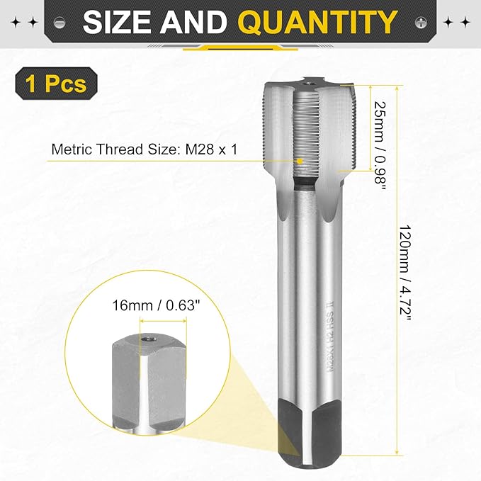 uxcell Hand Plug Tap M28 x 1 H2 Metric Thread Plug Style Taps Straight Flute Screw Tapping Threading Tool High Speed Steel HSS6542