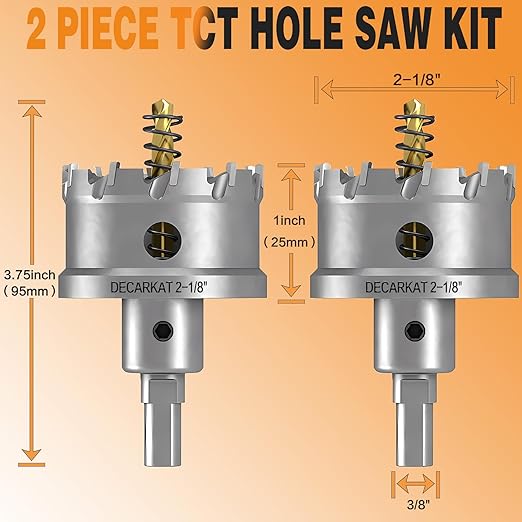 2-Pack 2-1/8" TCT Hole Saws for Hard Metal, Heavy Duty 54mm Tungsten Carbide Tipped Hole Cutters Set with Spring-Loaded Pilot Drill Bits for Stainless Steel, Metal, Iron, and Plastic.