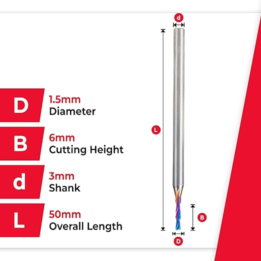 Amana Tool 48212-K SC Spektra Extreme Tool Life Coated Spiral Plunge 1.5mm Dia x 6mm CH x 3mm SHK 50mm Long Down-Cut Router Bit