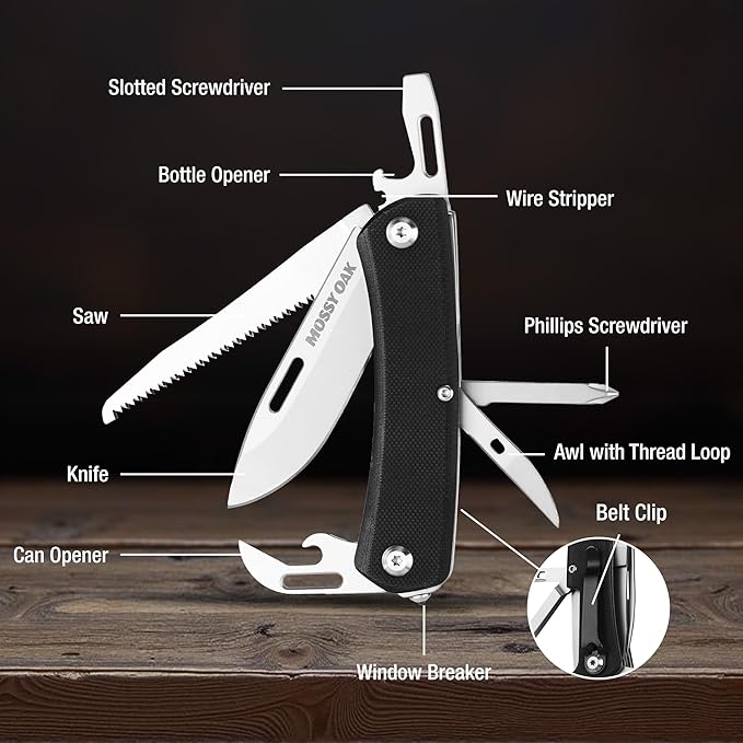 MOSSY OAK Multitool Pocket Knife – 10-in-1 Folding Pocket Knife Multitool with Stainless Steel Blade, Saw, Can Opener, Screwdrivers – EDC Tool for Camping, Hiking, Survival