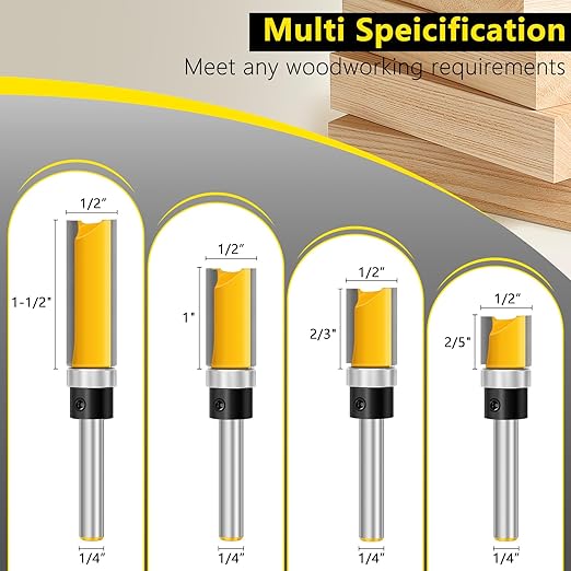Straight Router Bits Feanron Router Guide Tool ,4 Pcs 1/4 Shank Wood Cutter Woodworking Tools Top Bearing Flush Trim Router Bits Set for Woodworking,Home DIY and Lettering (Yellow)