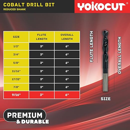 9/16 Inch Cobalt Drill Bit | Reduced Shank High Speed Steel | 9/16 Drill Bit for Stainless Steel and Hardened Metal | HSS M35 Titanium Aluminum Nitride Coating with 1/2" Shank