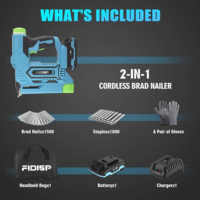 18 Gauge 2 in 1 Cordless Nail Gun/Stapler, 20V Battery Powered Brad Nailer/Stapler with Battery, Charger, Storage Bag, 1000 Staples and Nails for Carpentry & DIY(Blue)