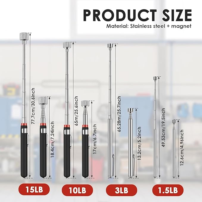 8Pcs Telescoping Magnetic Pickup Tool 1.5LB 3LB 10LB 15LB Extendable Magnet Stick Set Grabber Tools Stainless Steel Portable Bolt Screws Reacher Magnetic Nail Picker for Men Husband Birthday Christmas