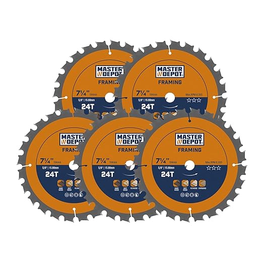 7-1/4 Inch 24T Framing Circular Saw Blade, Carbide-Tipped ATB, Thin Kerf, Anti-Vibration, 5/8" Arbor, Professional Framing & Fast Ripping Saw Blade for Wood, OSB & Plywood (5-Pack)