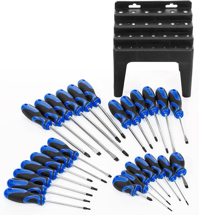 Stark USA 26-piece Screwdriver Stand Slotted Phillips Pozi Star Organizing Set Magnetic Tip Screw Driver Rack, Blue/Black