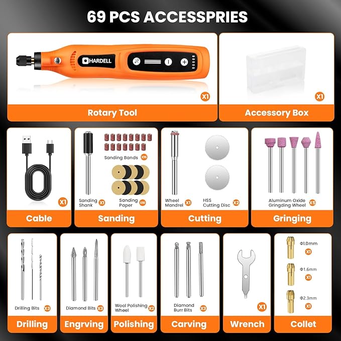HARDELL Mini Cordless Rotary Tool Kit, 5-Speed and USB Charging with 69 Accessories, Multi-Purpose 4V Power Rotary Tool for Sanding, Polishing, Drilling, Etching, Engraving, DIY Crafts(Light Orange)