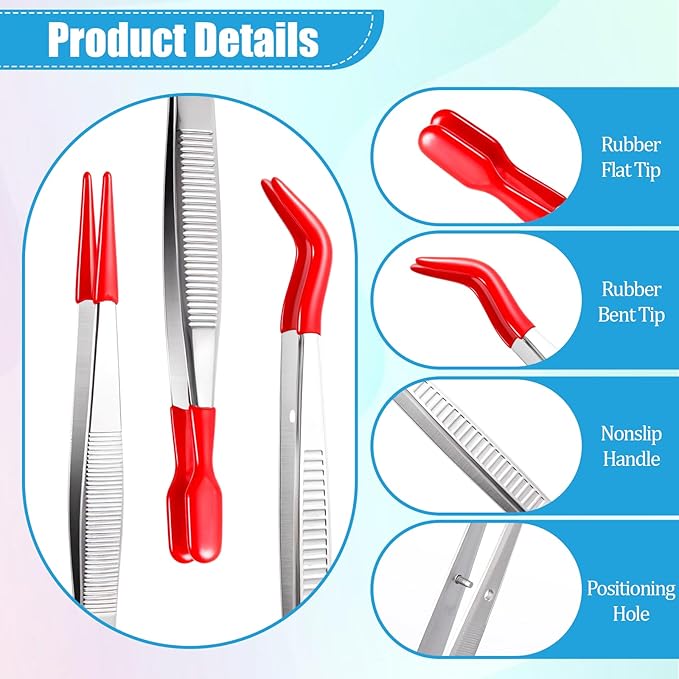 6 Pcs Rubber Tips Long Bent Tipped Craft Tweezers PVC Rubber Coated Tip Flat and Bent Flat Tip Precision Tweezer for Hobby Jewelry Making Craft Bead Jewelry Stamps Industrial Stainless Steel Tool Red