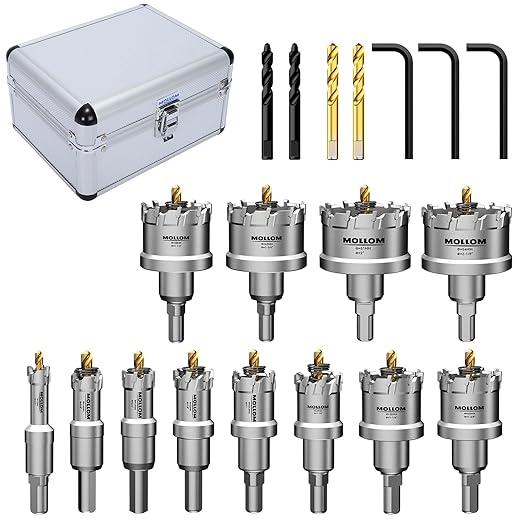 Mollom TCT 12Pcs Hole Saw(13-54mm) Carbide Hole Saw Kit for Hard Metal, Extra 2xTitanium & 2xStepped Pilot Drill bits and 3Pcs Hex Key for Stainless Steel,Iron,Aluminum,Alloy,Metal,Wood