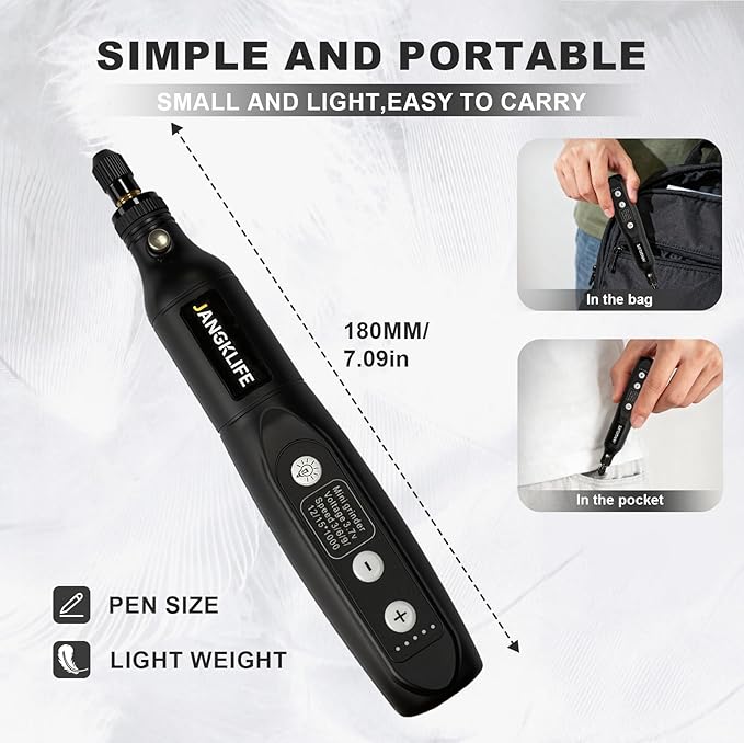 JANGKLIFE Mini Cordless Rotary Tool Kit, 5-speed Multi-purpose Engraving Tool, with LED Light, 67 Accessories, Engraving, Sanding, Grinding, Polishing, Carving, Etching, DIY Crafts