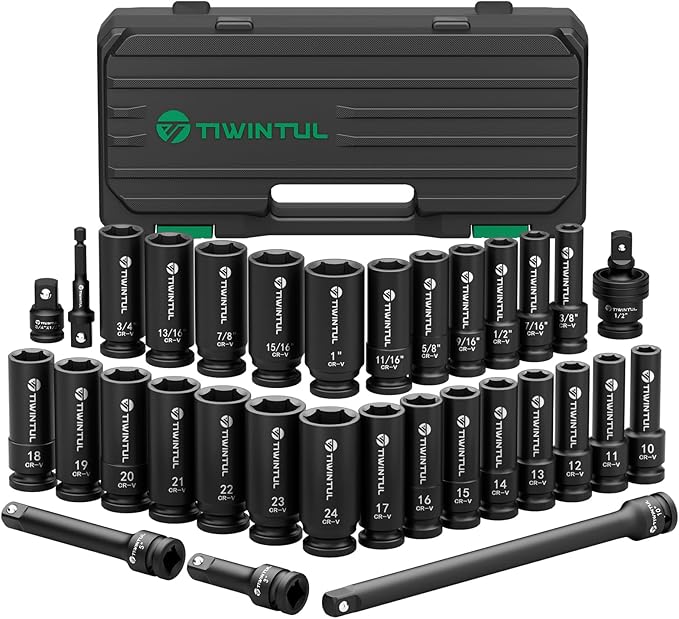 1/2" Drive Impact Socket Set, 32-Piece, SAE 3/8"-1" & Metric 10-24mm, CR-V Steel Deep Lug Nut Sockets Set with 3", 5" & 10" Extensions Bar, Joint & Adapter, Storage Case for Automotive Reapir