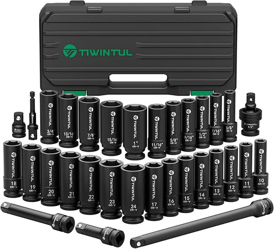 1/2" Drive Impact Socket Set, 32-Piece, SAE 3/8"-1" & Metric 10-24mm, CR-V Steel Deep Lug Nut Sockets Set with 3", 5" & 10" Extensions Bar, Joint & Adapter, Storage Case for Automotive Reapir