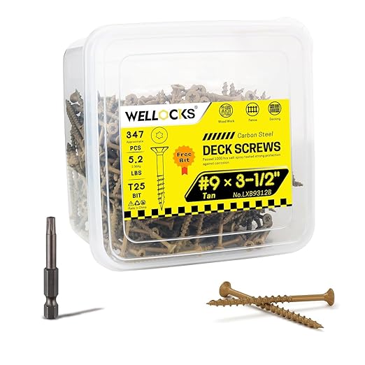 WELLOCKS Deck Screws, Wood Screws, Tan, Superior Rust Resistant, Epoxy Coated, Above 1000 Hour Salt Spray Coating T25 Torx Star Bit Included for Outdoor Wood Fence (5.2LBS Tan, #9횞3-1/2")