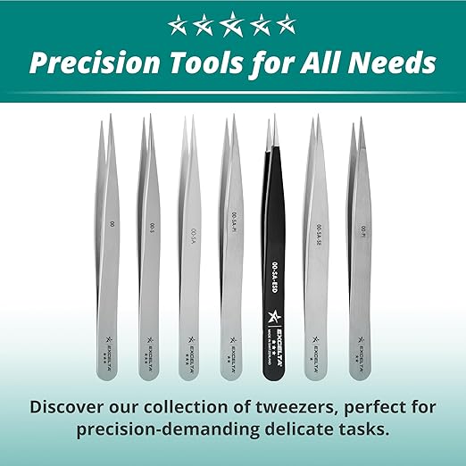 Excelta 00-S Straight Medium Point Stainless Steel Tweezers, 4.5" Long, Conductive, Swiss Made, Professional