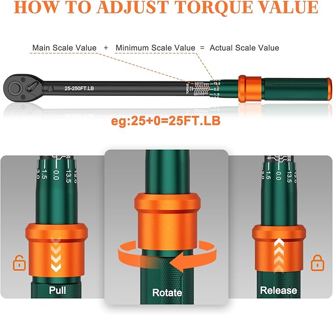 1/2-Inch Drive Click Torque Wrench, 25-250 Ft.Lb, 72-Tooth Dual-Direction Adjustable Torque Wrench, 짹3% High Precision for Car, Truck, Tractor, Heavy Machinery Maintenance