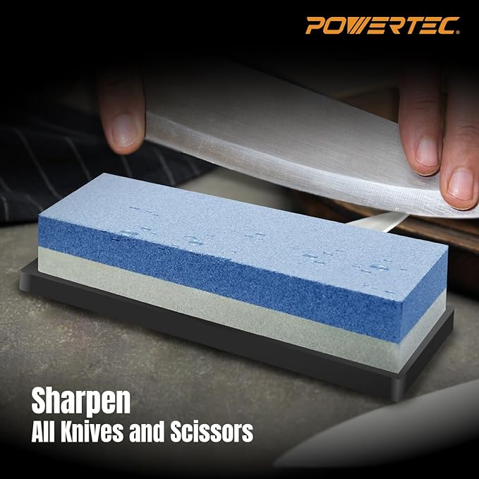 POWERTEC Whetstone Knife Sharpening Stone ??Dual Grit 1000/6000 Water Stone with Non-Slip Rubber Base for Sharpening Kitchen Knives, Razors, Chisels, Scissors, Axe, Hatchet (71916)
