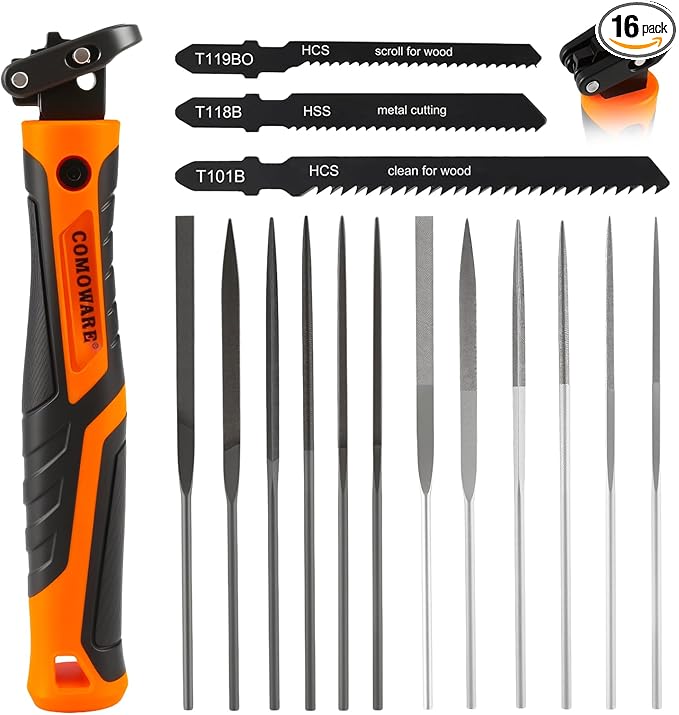 COMOWARE File & Handsaw Set, 3 Saw Blades & 12 Diamond/Needle Files, Quick Change Mechanism Metal Flies Tool Portable Case for Woodworking DIY Model Crafting Plastic Cutting Tools
