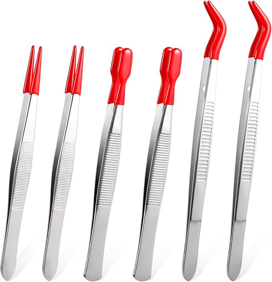 6 Pcs Rubber Tips Long Bent Tipped Craft Tweezers PVC Rubber Coated Tip Flat and Bent Flat Tip Precision Tweezer for Hobby Jewelry Making Craft Bead Jewelry Stamps Industrial Stainless Steel Tool Red