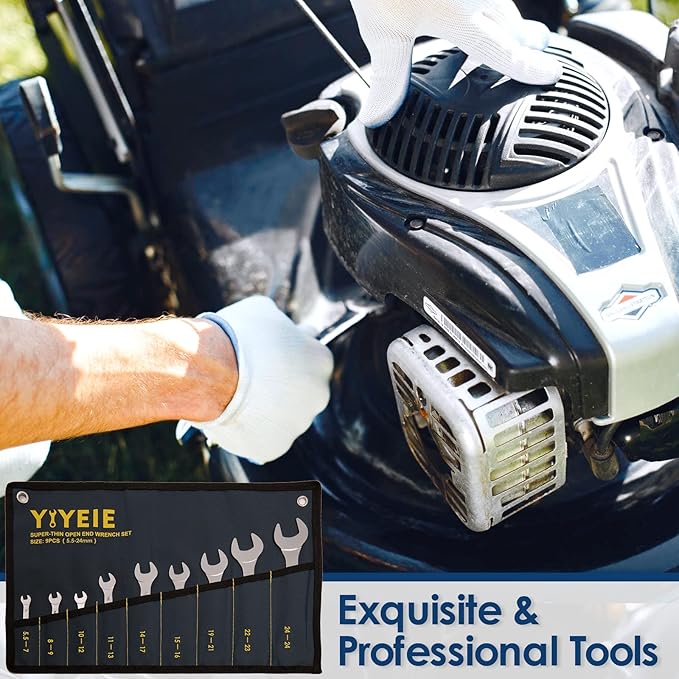 YIYEIE 9Pc. Super-Thin Open End Wrench Set, Metric 5.5, 7, 8, 9, 10, 11, 12, 13, 14, 15, 16, 17, 19, 21, 22, 23, 24, 27 mm, CR-V Steel, Ultra-Slim Flat Wrench Set with Roll-up Pouch