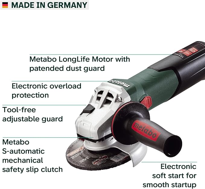 Metabo WEV15-125 HT Lock-On 13.5 Amp 2,800-9,600 rpm Angle Grinder with Electronics and High Torque, 4.5"/5"