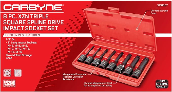 CARBYNE 8-Piece XZN Triple Square Spline Drive Impact Bit Socket Set, 12 Point, Chrome Molybdenum (Cr-Mo) Steel | Metric M5 to M16 | 1/2 inch Drive