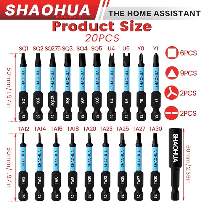 20PCS Screwdriver Bit Set, 1"Triangle Screwdriver Set TA12-30, Square Drive Bits#2,2.75,3,4,5, U-Shaped Bits Set U4,U6,Triwings screwdrivers Y0,Y1, S2 Steel Hex Head Drill Bit Set with 1/4" Bit Holder