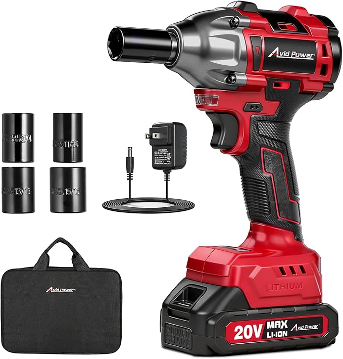 AVID POWER Impact Wrench, 1/2??Impact Gun Max Torque 332 Ft-lbs (450 N.m), 20V Cordless Impact Wrenches with 2.0 Ah Battery, 2 Variable Speeds, 4PCS Impact Sockets, Charger, Tool Bag