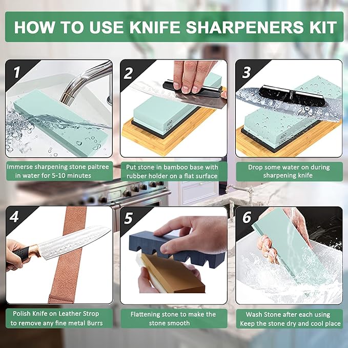 Knife Sharpening Stone Kit ??400/1000 3000/8000 Grit Wet Kitchen Whetstone Knife Sharpener Set with Non-slip Bamboo Rubber Base, Angle Guide, Flattening, Leather Strop and Cut Resistant Gloves