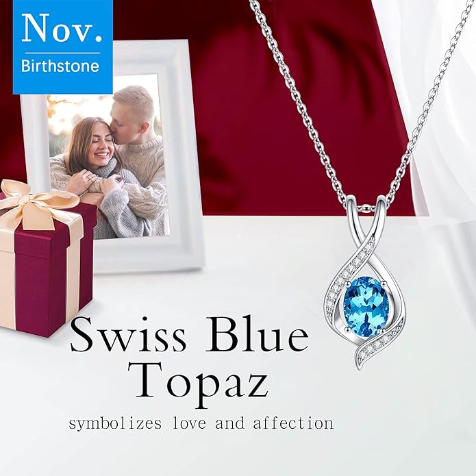 SMILEST Oval Sparkle Birthstone Pendant Necklace, 925 Sterling Silver Gemstone Pendant Anniversary Birthday Gifts for Women Wife Girlfriend Mom Grandma Birthstone Necklace for Women Jewelry Gifts