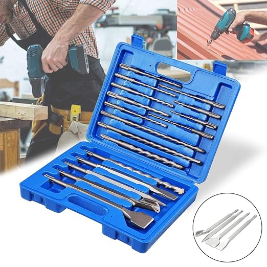 SagaSave 17 PCS Rotary Hammer SDS Plus Drill Bits & Chisel Set, Carbide Tipped Concrete Masonry Hole Tool with Storage Case for Drilling Concrete, Masonry, Bricks and Stone Blue