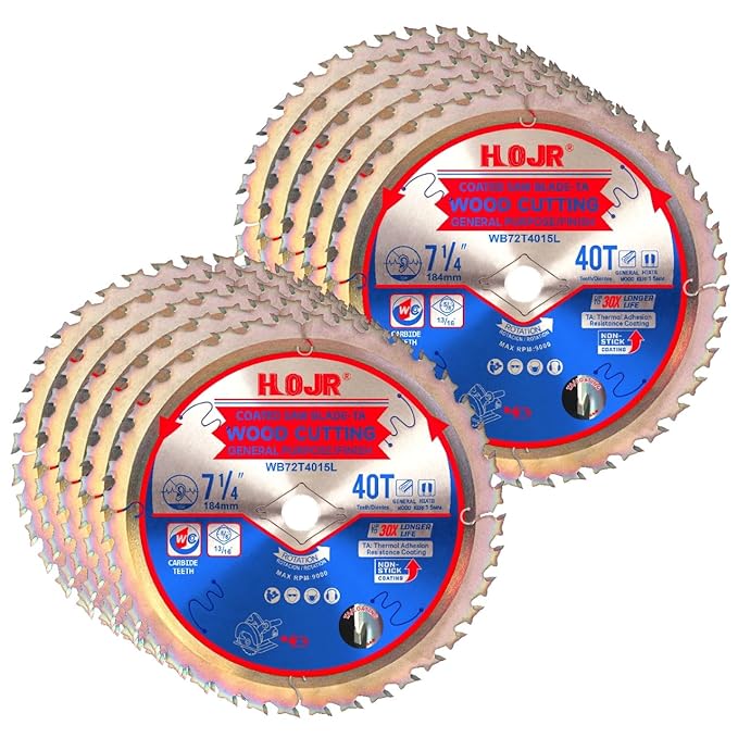 10-Pack 7-1/4" 40-Tooth 5/8" Arbor Circular Saw Blade, Framing/General Purpose Wood Cutting,Special Anti-Thermal Adhesion Coating on Cutting Edge-TA,High Finish, Long Life, 7-1/4" 40T 5/8"